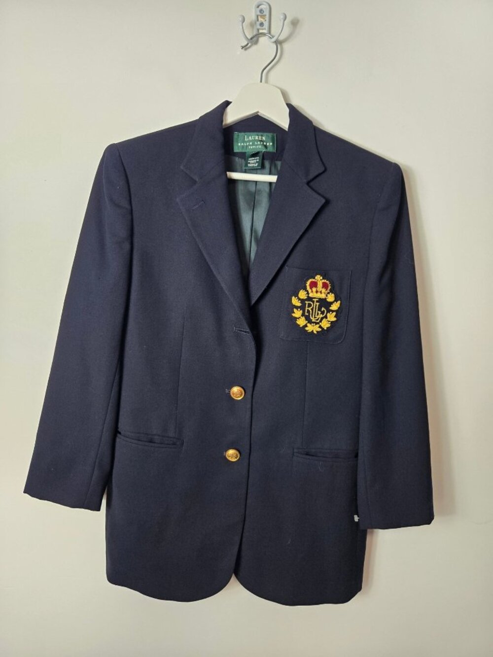 Lauren Ralph Lauren Women's Wool Navy Gold Button-Up Lined Embroidered Size 10P